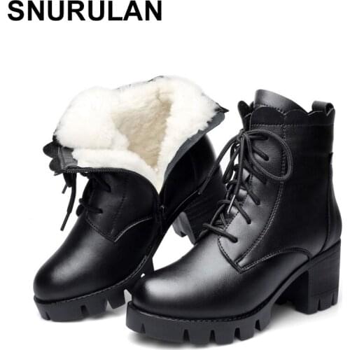 SNURULAN 2019 Women winter boots winter high heel ankle boots Women Warm platform shoes genuine leather boots with fur
