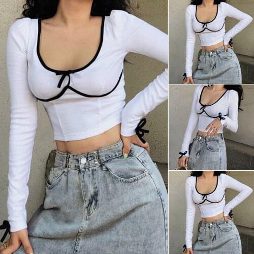 Women T-shirts Long Sleeve Bow Knitted T Shirt Girls Fashion Short Top Spring Summer White Low Collar Top Dropship Wholesale