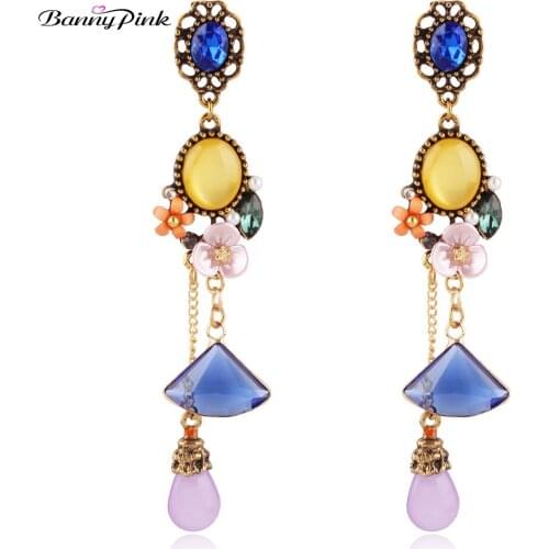 Banny Pink National Element Flower Rose Pendant Studs Earring For Women Multilayer Crystal Geo Statement Prevent Allergy Earring