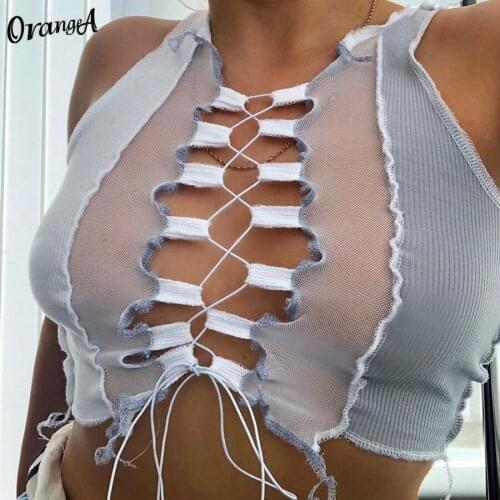 OrangeA women hollow out sexy drawstring bandage mesh striped patchwork sleeveless crop top club party wear slim fitness outfits