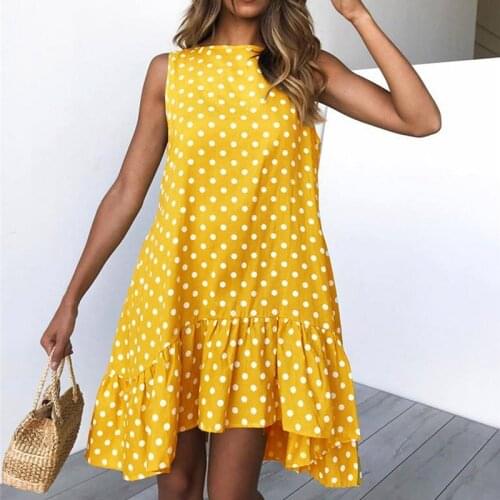 Women Fashion Polka Dot Printed Dress Ladies Casual Sleeveless Loose Round Neck Dress Women Ruffles High Waist Summer Dress