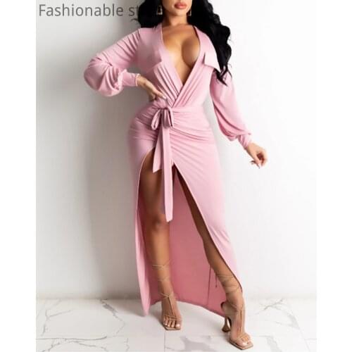 Women Long Sleeve Deep V Neck Side Slit Maxi Dress with Belt