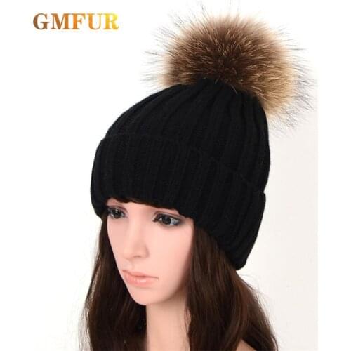 Winter NEW Women Pom Pom Beanies Warm Lovely Child Knitted Hats Real Raccoon Fur Pompom Casual Caps