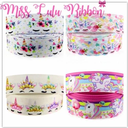 7/8"22mm Cartoon Uncorn Series Printed Grosgrain Ribbon Rainbow Scale Stripes Party Decor 10yards/roll Hair Band Making