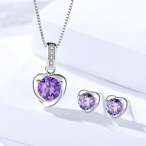 Pure Silver 925 Jewelery Sets For Women Amethyst Heart Earring & Necklace Pendant Classic Jewelry 2pcs Set Accesories Bijoux