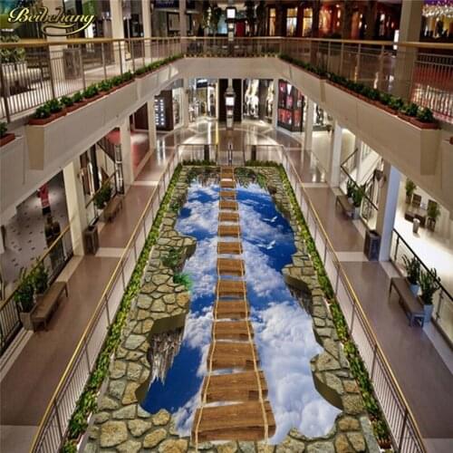 Beibehang Custom photo wallpaper floor floor affixed to the walkway exhibition hall living room sky on the wooden bridge 3D floo