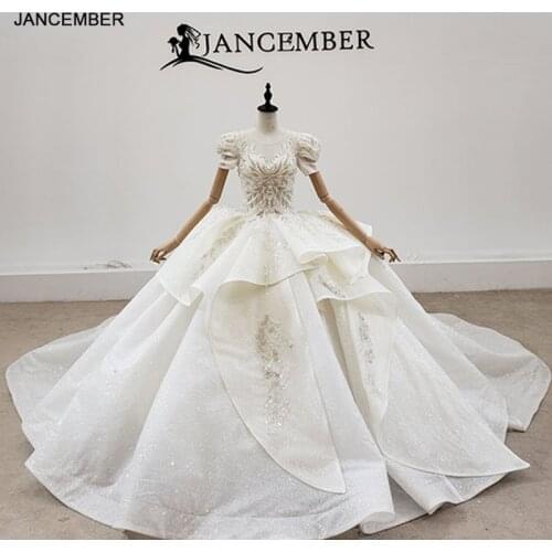 HTL2071 Sexy V-Neck Ball-Gown Beaded Crystal Luxury Sequined Wedding Dress 2021 Lace Up Back Short Sleeve