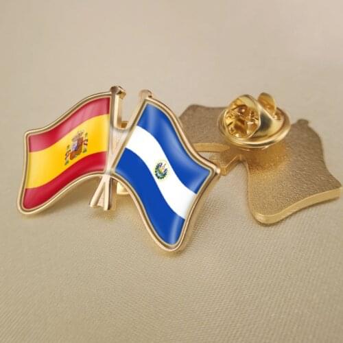 Spain and El Salvador Crossed Double Friendship Flags Lapel Pins Brooch Badges