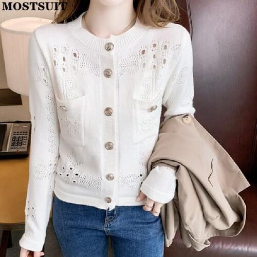 Chic Elegant Hollow Knitted Cardigan Sweater Women Full Sleeve O-neck Jumpers Korean Vintage Ladies Tops Knitwear 2021 Autumn