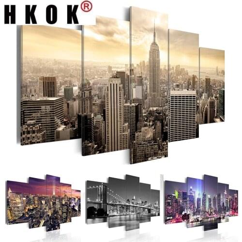 HKOK Canvas Paintings Wall Art Home Decor 5 Pcs New York Building Landscape Poster Prints Modular Pictures For Living Room