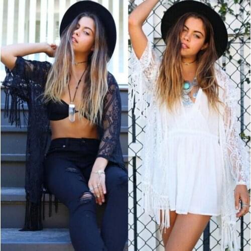 Summer Women Swimsuit Bikini Cover Up Sexy Tassel Beach Cover Up Lace Floral Kimono Long Blouse Boho Elegant Beach Bathing Suit
