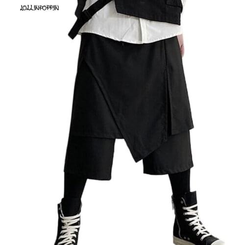 Punk Japan Style Men Calf Length Loose Pants Elastic Waist Front Slit Mens Layered Trousers Asymmetric Design Man Pantskirt
