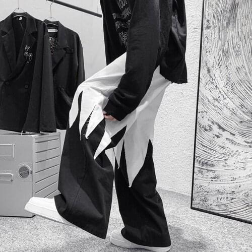 Men Loose Patchwork Color Straight Pants Black/White Hip Hop Streetwear Long Trousers Autumn Winter Casual Pants Plus Size 5XL
