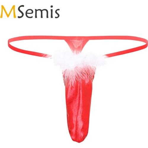 MSemis Men Sissy G-string Christmas Fancy Cosplay Exotic Thong Briefs Underwear Shiny Metallic Lingerie Long Sheath with Feather