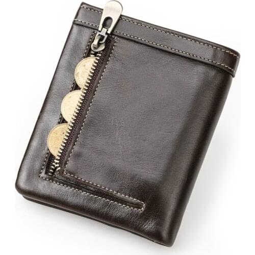 2021 Crazy Horsehide Men Wallet Short Wallet Brown Leather Mens Coin Purse Card Holder Money Bags RFID Anti-theft Vintage Male