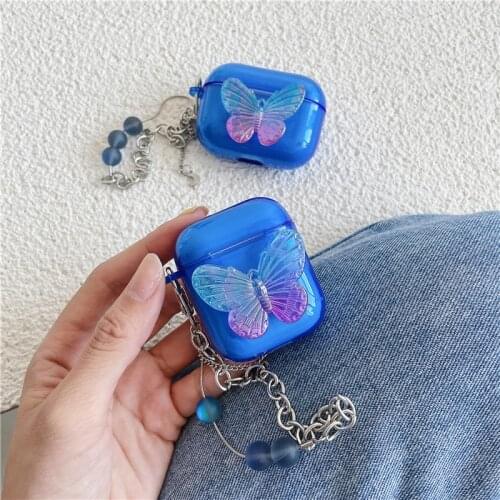 3D Cute Butterfly Funda Earphone Case For Airpods 1 2 Pro Soft Silicone Headphone Cover with Pendant Pearl Chain Accessories