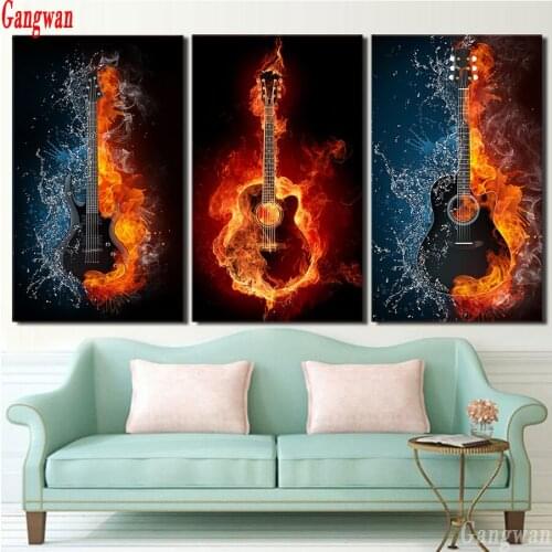 3 pieces Full Square round stone 5D DIY Diamond Painting Flame Music Guitar Embroidery abstract art Cross Stitch Rhinestone