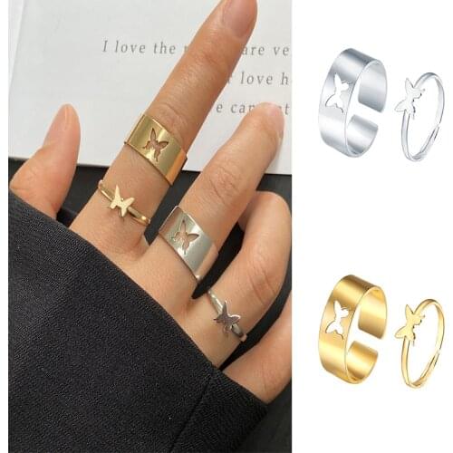 2021 Trendy 2 Pcs Gold Butterfly Rings For Women Men Couple Rings Set Friendship Engagement Wedding Open Rings Jewelry Gift