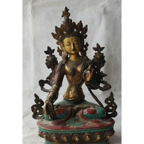 Song voge gem S2128 14" Tibet turquoise Bronze Gilt White Tara spirit of Compassion Goddess Statue