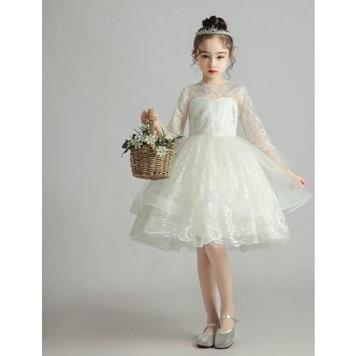 Flower Girl Dresses Embroidery Crystal Sequined Knee-Length Three Quarter O-Neck Tulle Princess White Lace Kids Party Gown H342