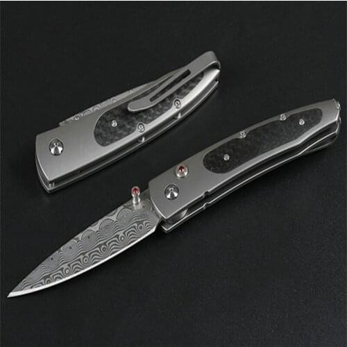 Folding Damascus Blade M390 Portable Knife With Titanium Alloy Carbon Fiber + TC4 Handle Outdoor Survival Hunting Camping Tool