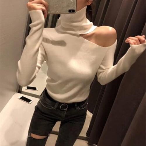 Pullovers Sweater for Women Long Sleeve Turtleneck Female Jumper Black White Sexy Clothing New 2020 Knitted Sweater Off Shoulde