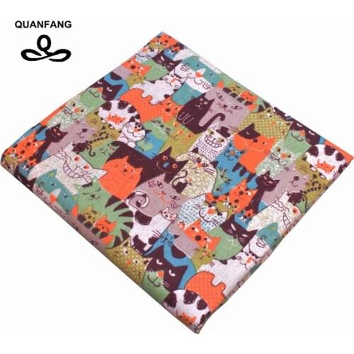 QUANFANG Cartoon Printed Cotton Linen Fabric For Patchwork Quilting Sewing DIY Sofa Tabl Cloth Tissue Curtain Bag Half Meter