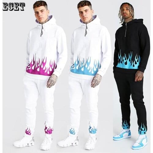 Streetwear fashion mens suit flame logo fashion pullover hoodie plus casual mens trousers jogger brand mens clothing