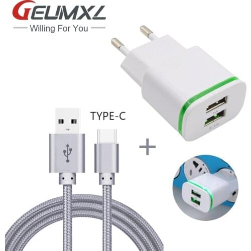 GEUMXL Dual USB EU Plug Home Travel Charger Adapter + 3F USB Type C Cable for Micromax Dual 5 Charging Data USB-C Elephone P9000