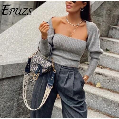 21021 Spring Women Sexy Gray Cardigan Sweater Vintage Loose Slim Eurpean Knitted Sweater Lady Casual All-Macth Chic Crop Top