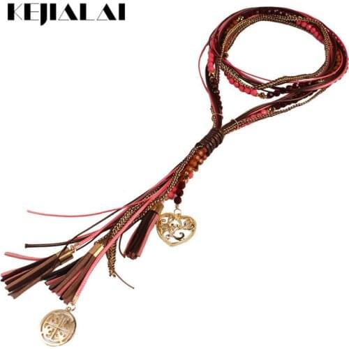 KEJIALAI Vintage Tassel Chain Necklace Ethnic Bohemian Fashion Rope Leather Multilayer Long Necklace Collier Heart QD-N3151