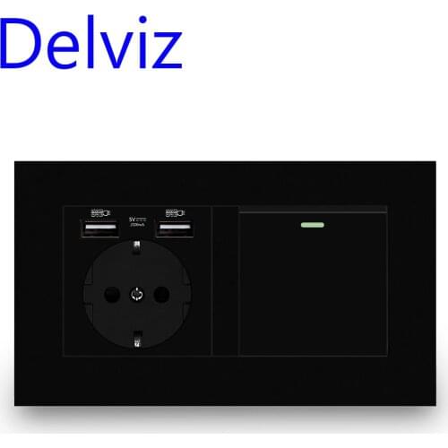 Delviz Bedroom Light Switch, EU Dual frame 16A power socket with switch,White/Black/Gray Panel, Wall usb ports Electrical Outlet