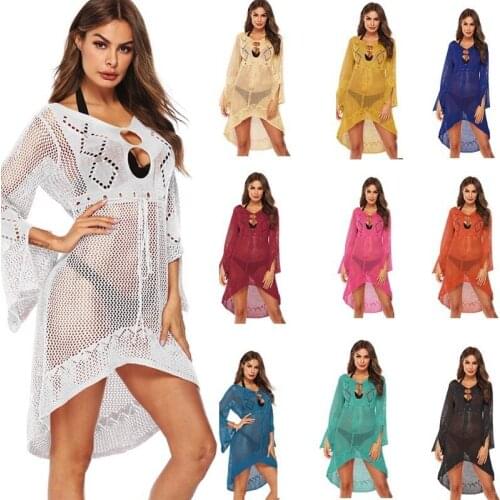 10 Color Women Beach Wear Long Sleeve Crochet Cover-ups White See Through Beachwear Solid V-neck Beach Dress Summer Dresses 2019