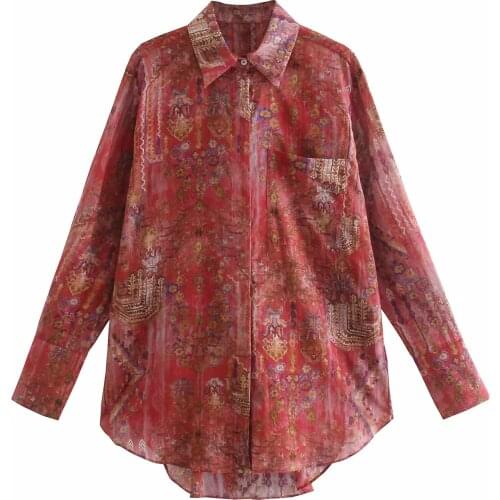Za Women New Spring Autumn Retro Printing Simple Style Loose Long Sleeve Chiffon Shirt Casual Chic Tops XITIMEAO