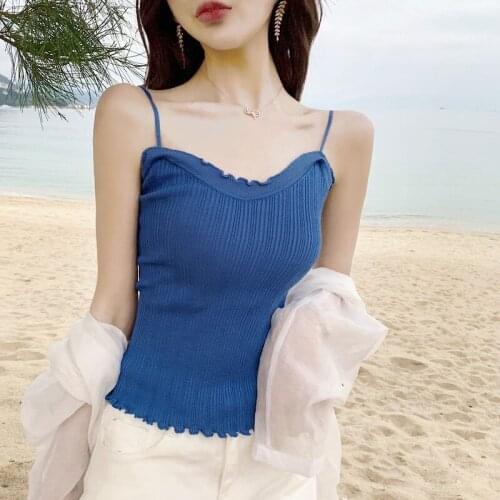 Sexy Spaghetti Straps Ruffles Summer Backless Sleeveless Camisole Top Women Knitted Skinny Bralette New