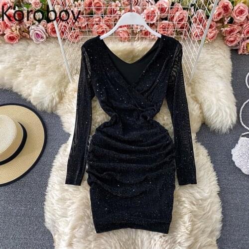 Korobov Gauze Patchwork Mini Dress Women V Neck Long Sleeve Sequined Blingbling Dresses Female Slim Waist Basic Vestidos Mujer
