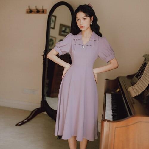 Summer Dress Purple Puff Sleeve Temperament Gentle Dress Goddess Fan 2021 Double Collar French Vintage Vestidos