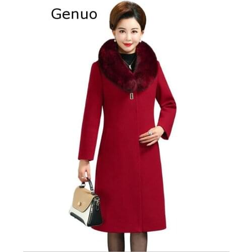 Genuo Winter Women Middle Age Long Woolen Jacket 2019 Fashion Casual Warm High End Wool Coat Fox Fur Collar Plus Size Overcoat