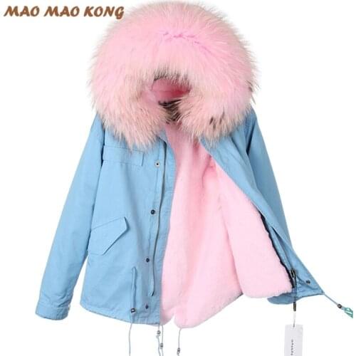 2021 New Women winter coat outwear warm natural large raccoon fur collar real fur parka separable faux fur liner