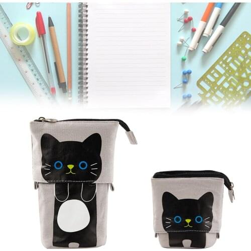 Pen Pencil Bag Case, Cartoon Cute Cat Bear Sheep Canvas Fold Standing Holder Stationery Organizer Kids Gift