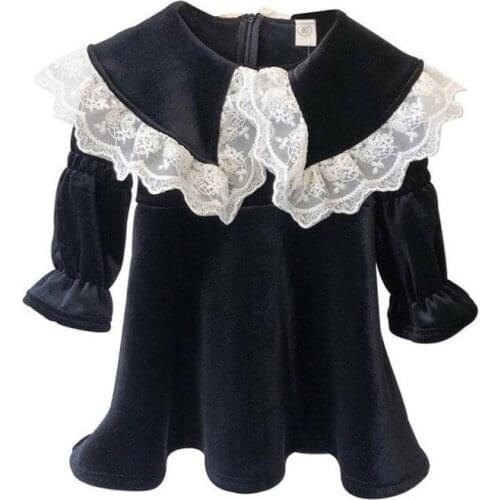 Korean Children Dress New 2019 Winter Long Sleeve Princess Dress Fashion Lace Collar Velvet Girl Party Dress 2-8Yrs Kids Clothes