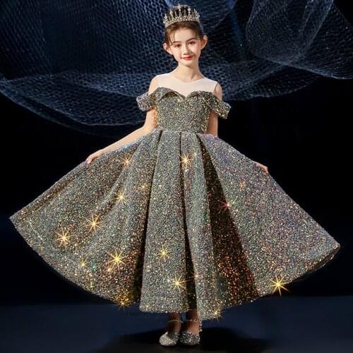 Children dress princess dress sequin girl catwalk host evening dress girl domineering and dignified piano costume