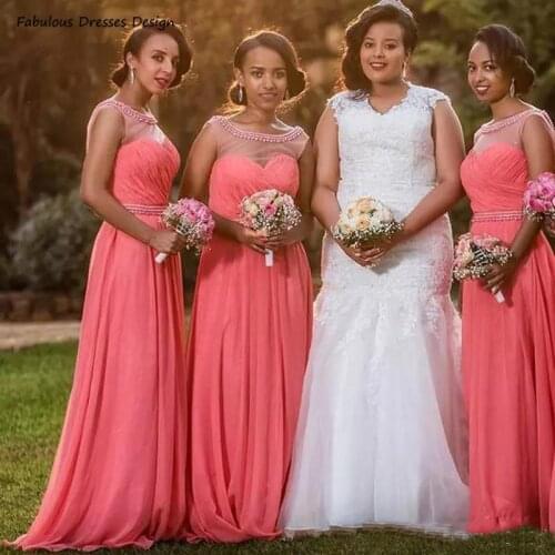 Elegant A Line Long Bridesmaid Dresses 2021 African O Neck Beaded Chiffon Wedding Party Dress Robe De Soirée De Mariage