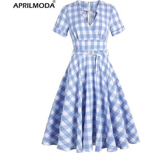 Cotton Retro Vintage Women Swing Dress With Belt Blue Plaid Print V Neck Short Sleeve Pin Up Rockabilly Swing Sundress For Party