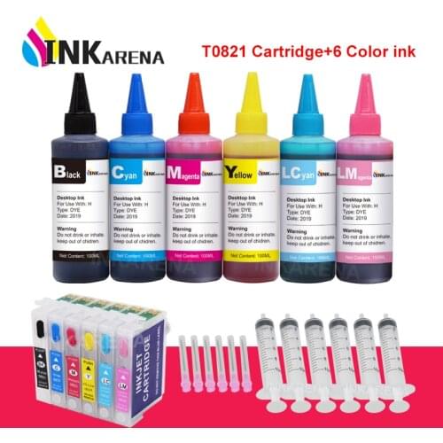 INKARENA T0821 Refillable Ink Cartridges Compatible For Epson Stylus Photo T50 R290 R295 R390 RX590 + 6×100ml Printer Ink