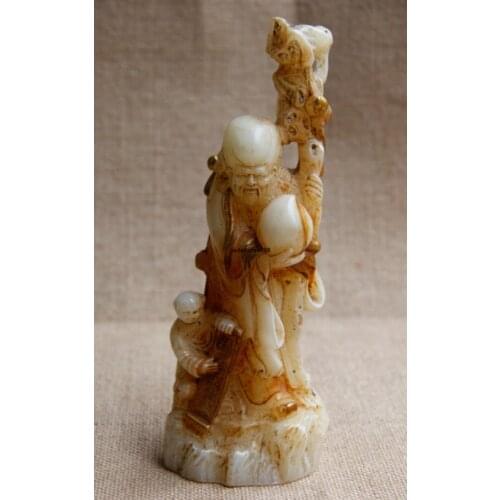 China Old White Jade hand Carved god of longevity & Peach child statue