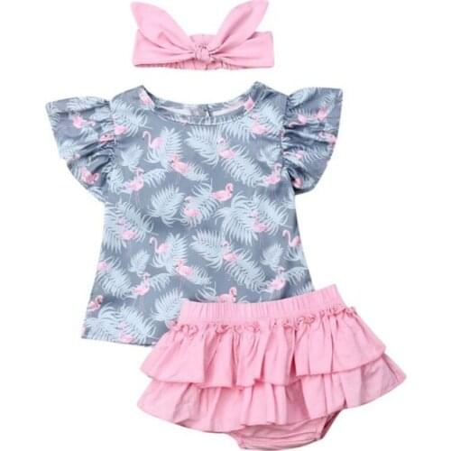 Cute Flamingo Outfit Baby Girls Shirt Top Shorts Headband Newborn Outfit Set