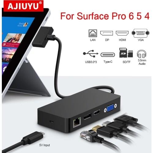 AJIUYU USB 3.0 HUB For Microsoft Surface Pro 4 5 6 HDMI 4K DP VGA Audio Gigabit Ethernet adapter RJ45 SD/TF DocKing base Dock PC