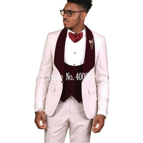 Handsome Ivory Paisley Mens Toast Suits Evening Dress Burgundy Velvet Collar Groom Tuxedos (Jacket+Pants+Vest+Tie) W:131