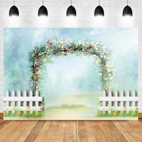 Laeacco Dreamy Garden Backdrop For Photography Wood Fence Blooms Flower Arched Door Baby Party Photo Background Photo Studio
